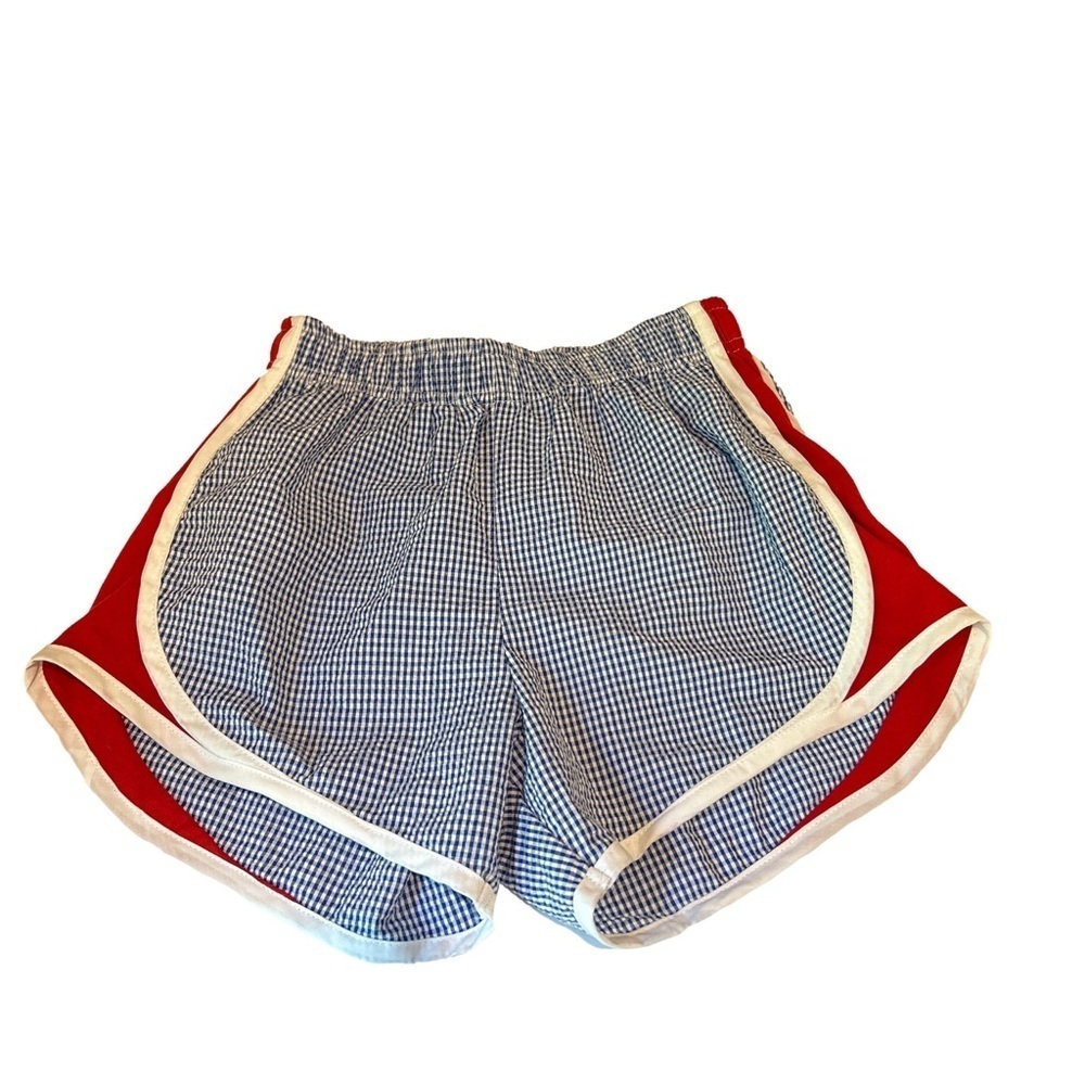 Color Works Boutique Navy Gingham Seersucker shorts w red side panels NWT